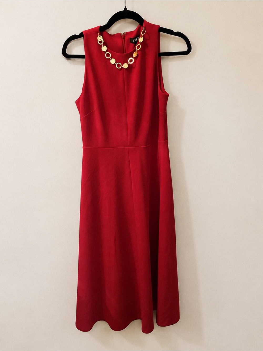 DKNY Red Fit & Flare Midi Dress Size 4 Gold Necklace NWT